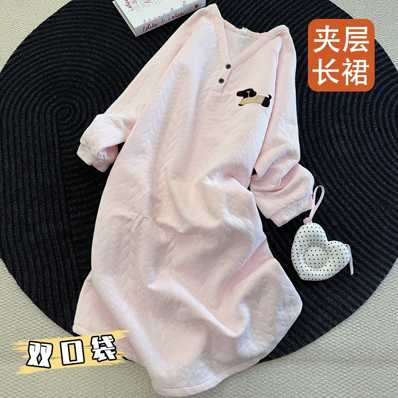 秋冬空气棉夹层甜美中长睡裙女款