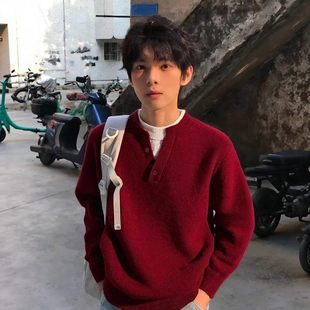 美式假两件亨利领红色毛衣男款冬季少年感本命新年穿搭针织打底衫