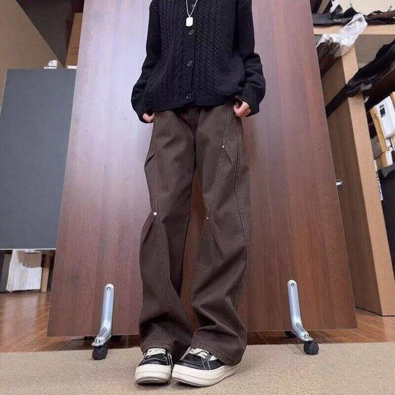 美拉德咖色铆钉牛仔裤男春季美式高街vibe裤子窄版显瘦直筒微喇裤