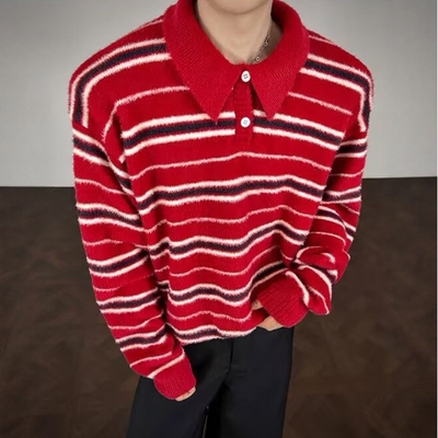 复古老钱风条纹撞色polo领毛衣