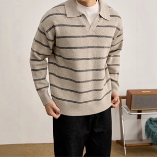 男士毛衣高级感黑白条纹polo领针织衫宽松慵懒假两件v领上衣秋冬