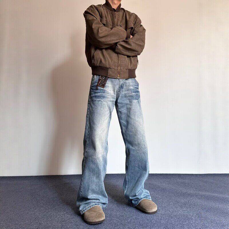 蓝色闪电纹斜切牛仔裤男款夏季美式vibe潮牌水洗裤子直筒微喇长裤