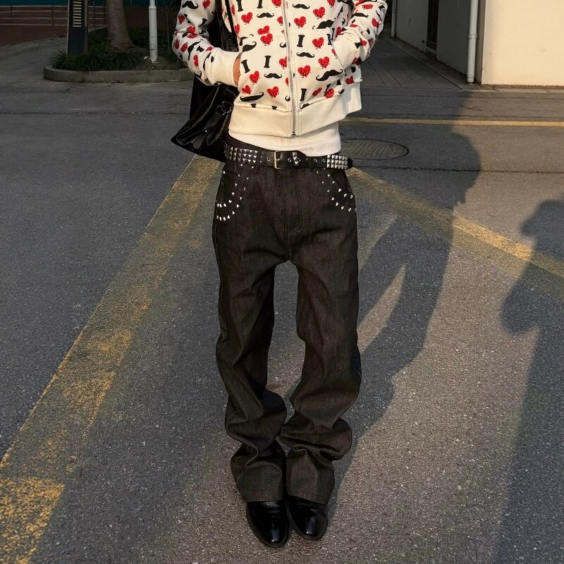 复古撞钉黑色原牛修身微喇牛仔裤