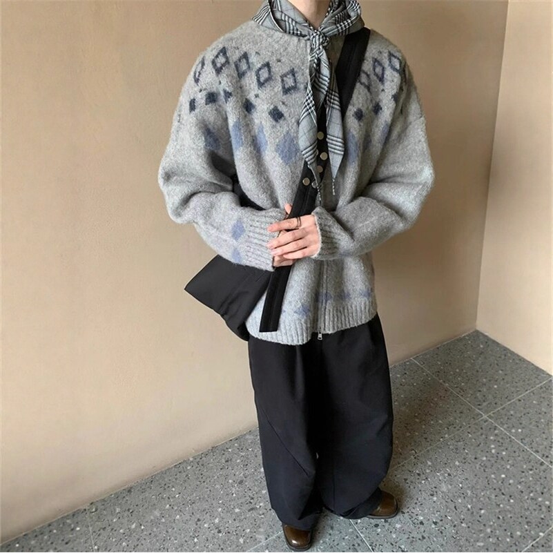 灰色日系费尔岛毛衣开衫男古着