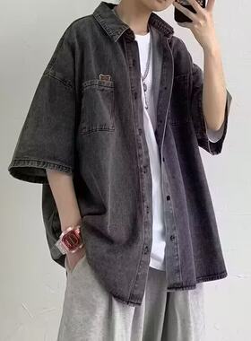 牛仔短袖衬衫男士夏季薄款港风
