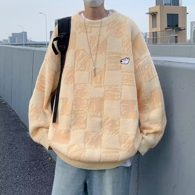 秋冬格纹撞色毛衣日系复古小狗
