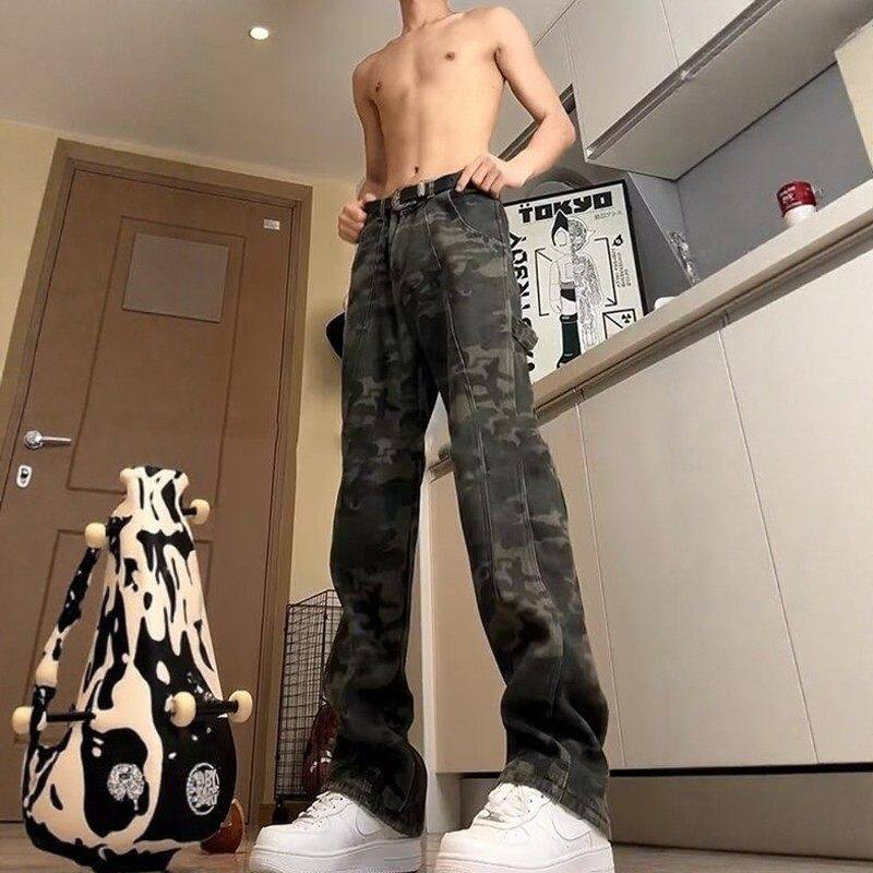 美式复古迷彩裤男款秋冬季高街军绿色伐木裤子直筒工装牛仔裤