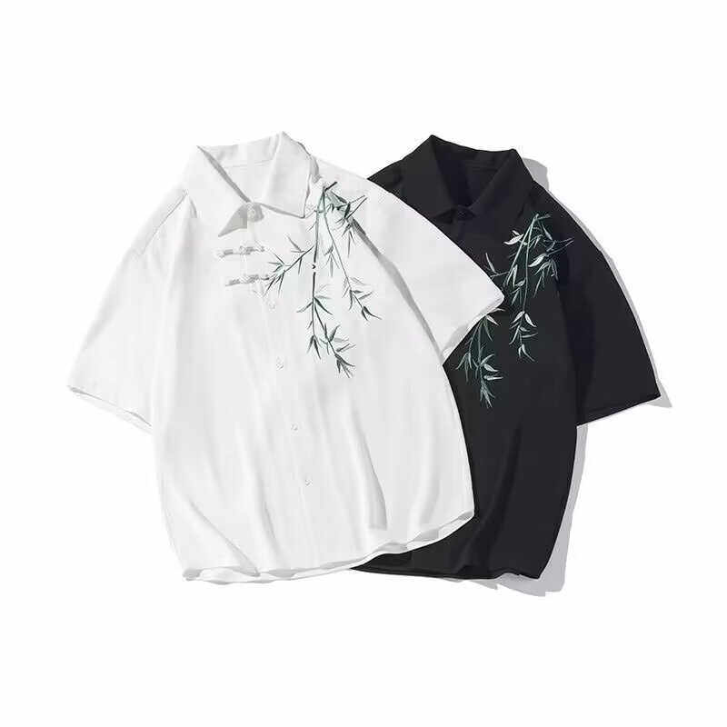 新中式轻国风道袍竹子刺绣衬衫男装夏季古风唐装套装短袖衬衣外套