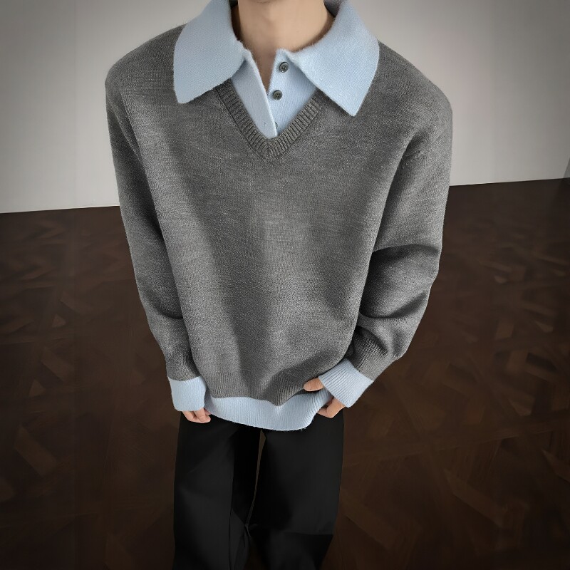老钱风假两件毛衣男冬季翻领