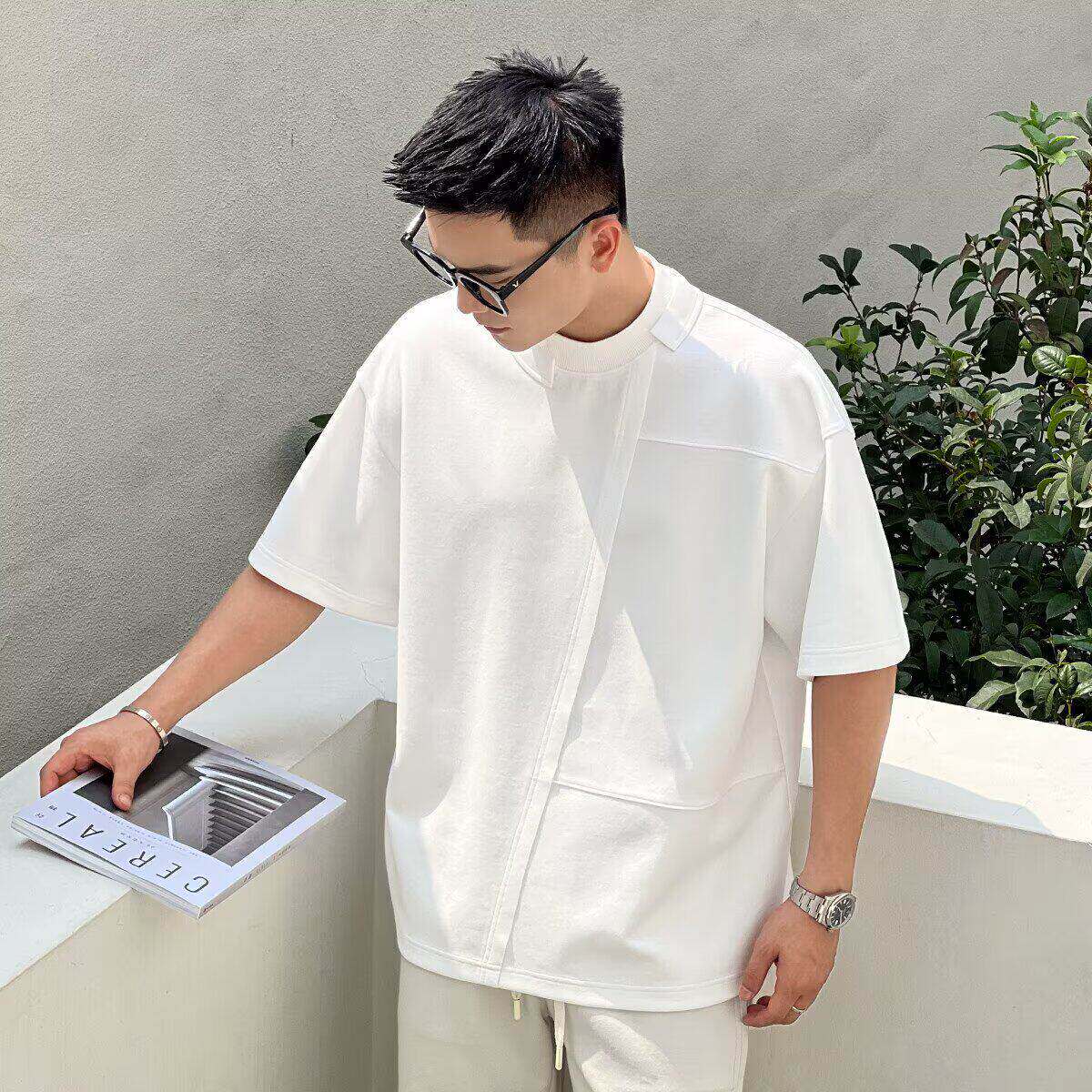 男友风重磅曼巴棉短袖t恤男夏季宽松廓形韩系设计感小众半袖上衣