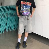 美式 薄款 复古工装 裤 水泥烟灰色牛仔短裤 子潮牌直筒五分中裤 男夏季