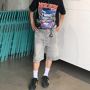 水泥烟灰色牛仔短裤男夏季薄款美式复古工装裤子潮牌直筒五分中裤