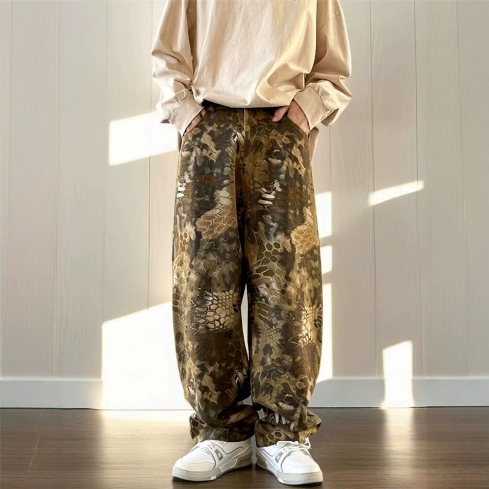 美式复古蟒纹迷彩裤男款欧美高街vibe裤子直筒宽松微锥帆布牛仔裤