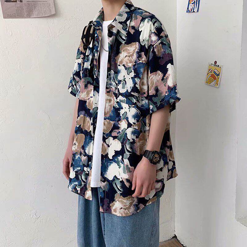 日系潮牌油画碎花短袖衬衫宽松