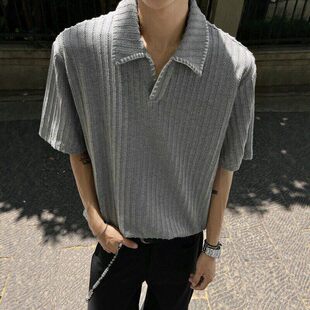 美式复古手缝线麦穗纹针织短袖男款夏季高级感polo衫t恤小v领上衣