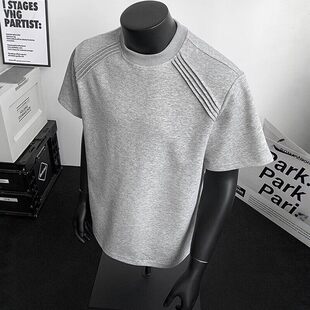 新款拼接短袖T恤夏季压褶解构boxy版型硬挺短款男设计感美式潮牌