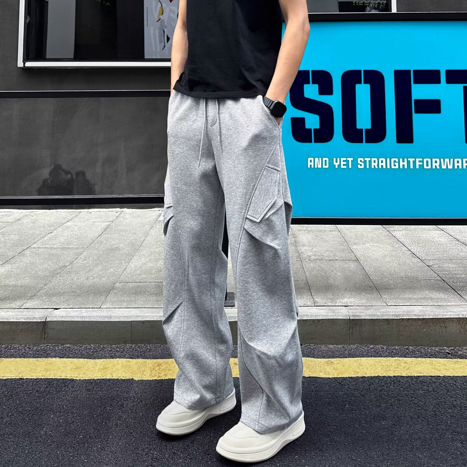 美式重磅灰色褶皱休闲卫裤男秋季潮牌高街cleanfit伞兵运动长裤子