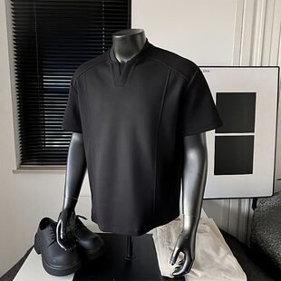 浅灰色正肩亨利v领短袖男款夏季美式重磅拼接t恤cleanfit痞帅半袖