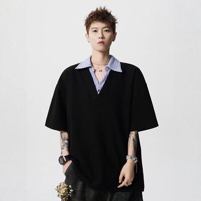 人夫感假两件条纹短袖男夏季