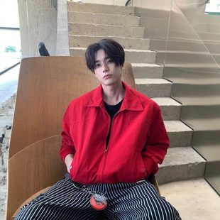 红色哈灵顿工装飞行夹克男秋季高级感翻领外套美式修身小短款上衣