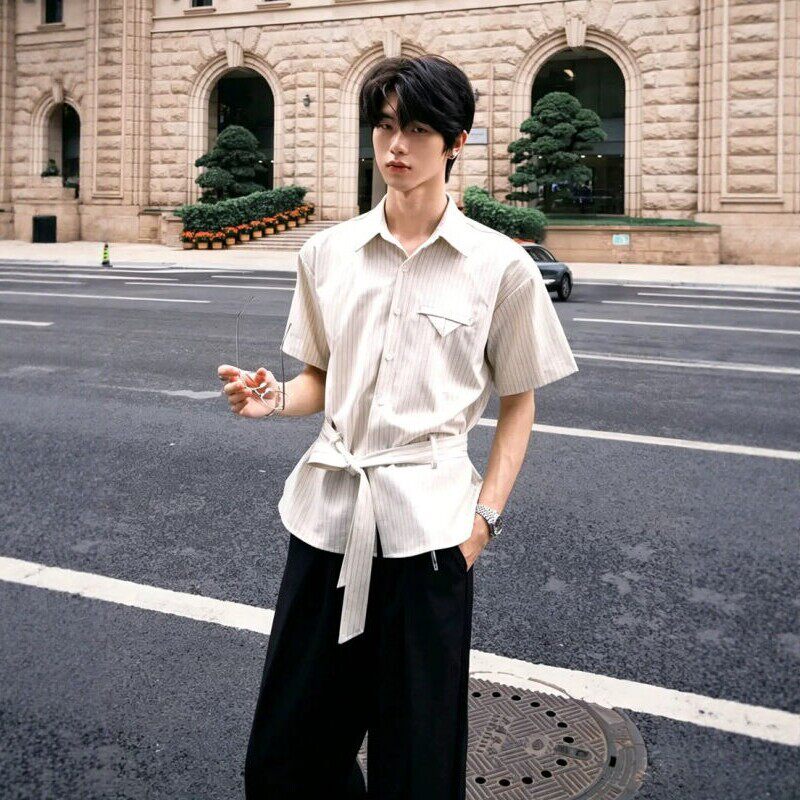 高智感条纹短袖衬衫男夏季老钱风