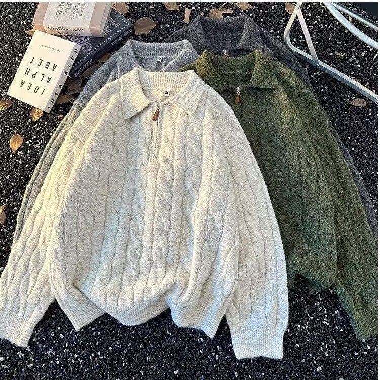 复古麻花半拉链针织衫男冬潮牌慵懒风情侣毛衣美式简约休闲POLO衫