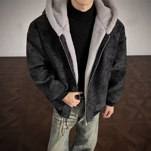 美式短款羊羔毛飞行员夹克男款冬季加绒加厚cleanfit连帽棉服外套