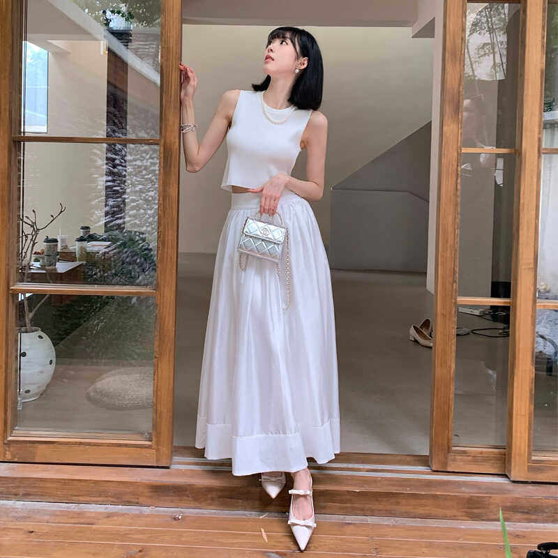Sywen studio无袖针织显瘦背后镂空上衣纯色蓬蓬长裙套装女夏季