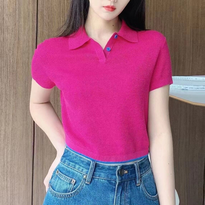 清仓品哥弟新短款针织衫女2023夏季冰丝氧气polo领短袖t恤5399480