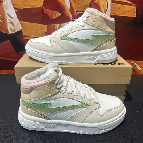 鸿星尔克女鞋高帮2024冬季加绒加棉休闲滑板鞋运动鞋12124421088