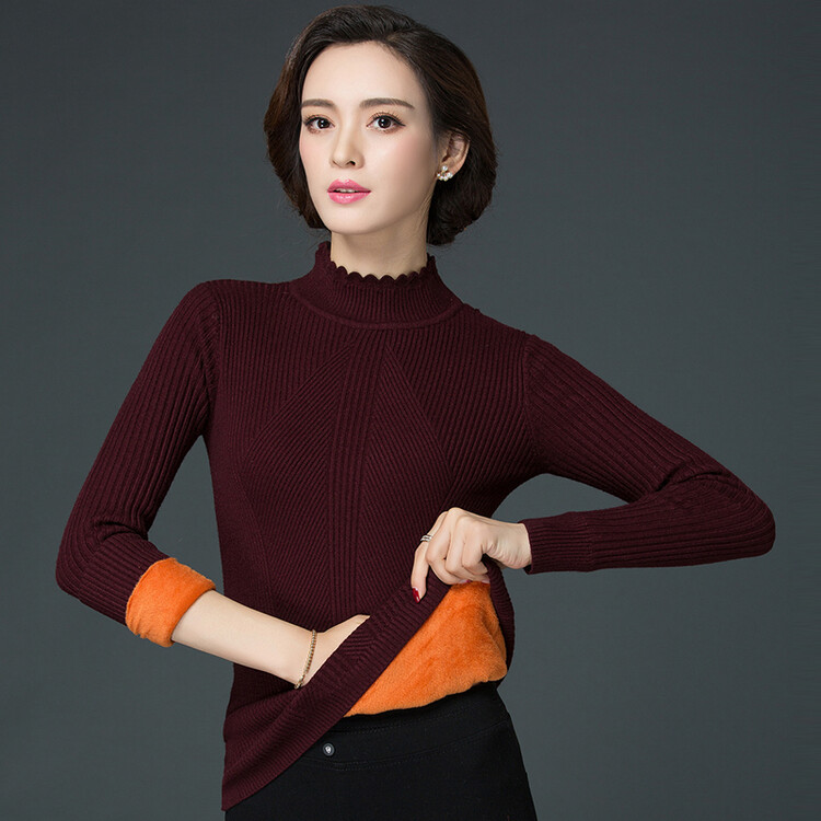 红色秋冬季半高领毛衣女长袖内搭修身保暖加绒加厚短款上衣打底衫