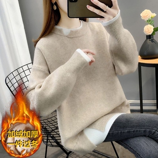 加绒加厚毛衣女外穿秋冬季2026新款韩版宽松大码假两件针织打底衫