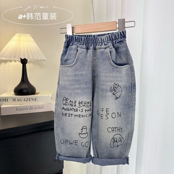 0-7岁儿童手绘印花春秋牛仔裤宽松百搭男童女童休闲牛仔单裤子