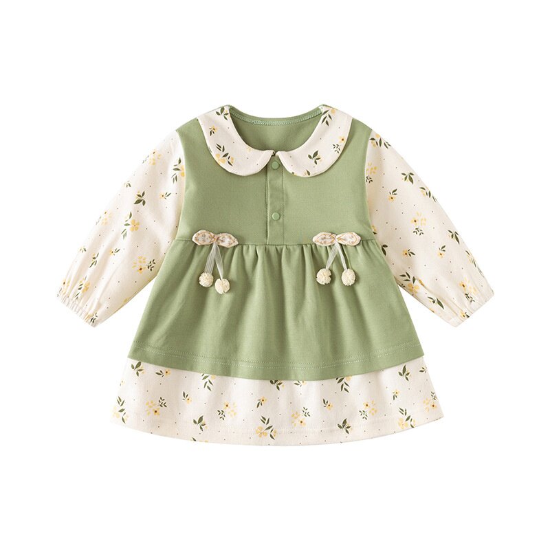 0-8岁女童连衣裙春秋纯棉长袖宝宝裙子公主洋气碎花假两件外出服