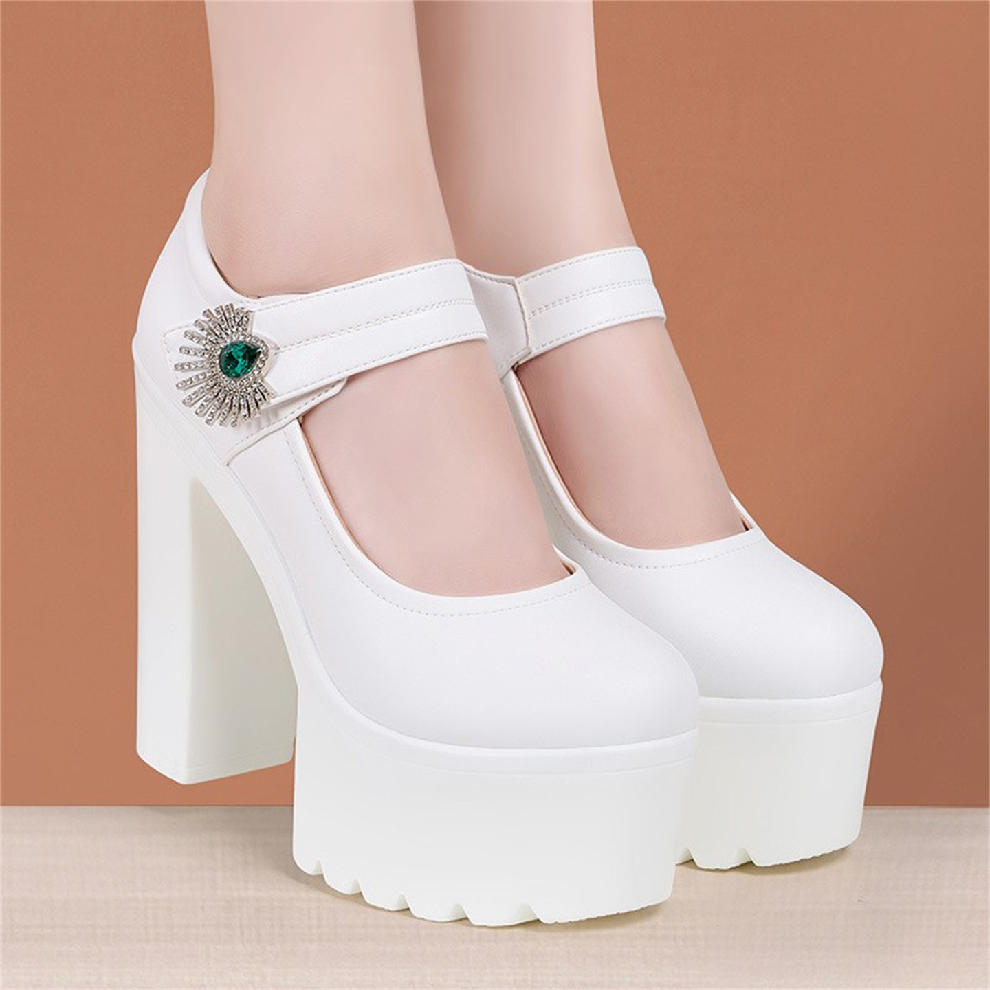 14CM超高跟旗袍走秀鞋女粗跟厚底大码防水台圆头模特舞台表演鞋女