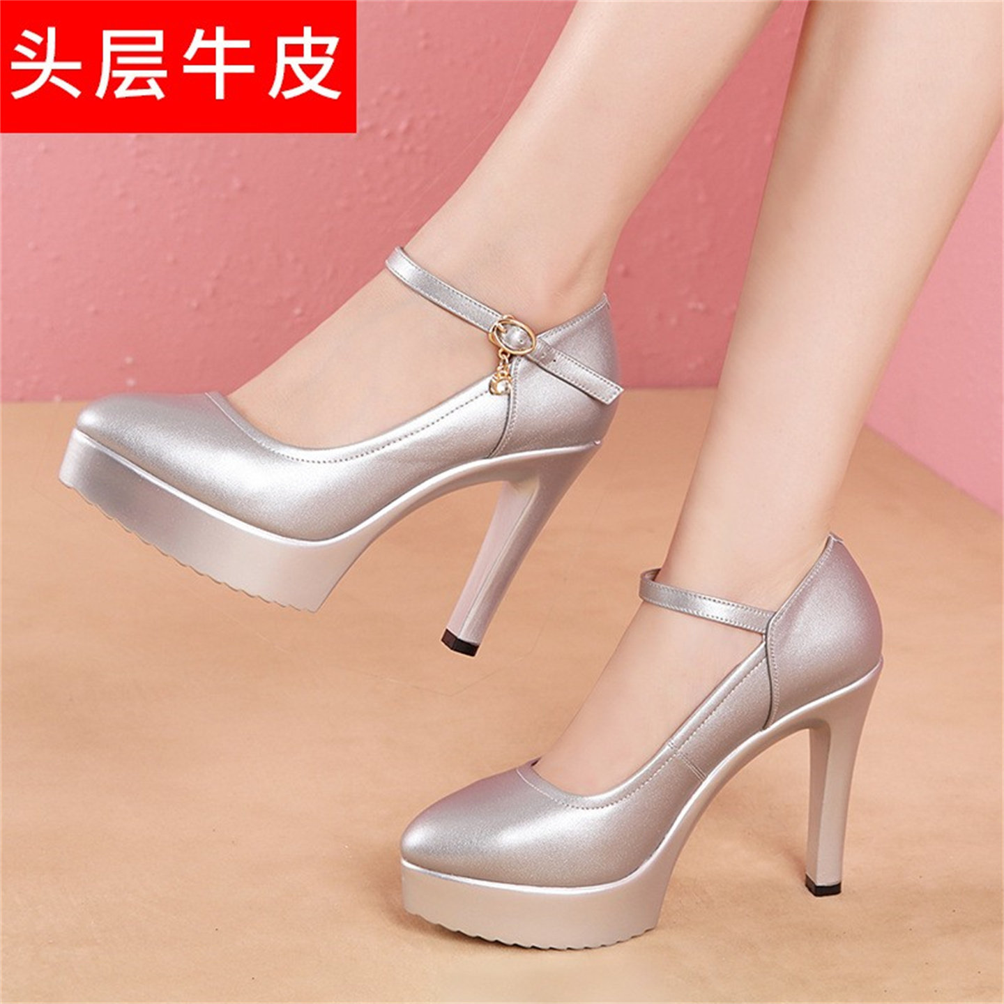 11cm银色演出走秀鞋尖头真皮模特旗袍高跟防水台细跟大小码单鞋女