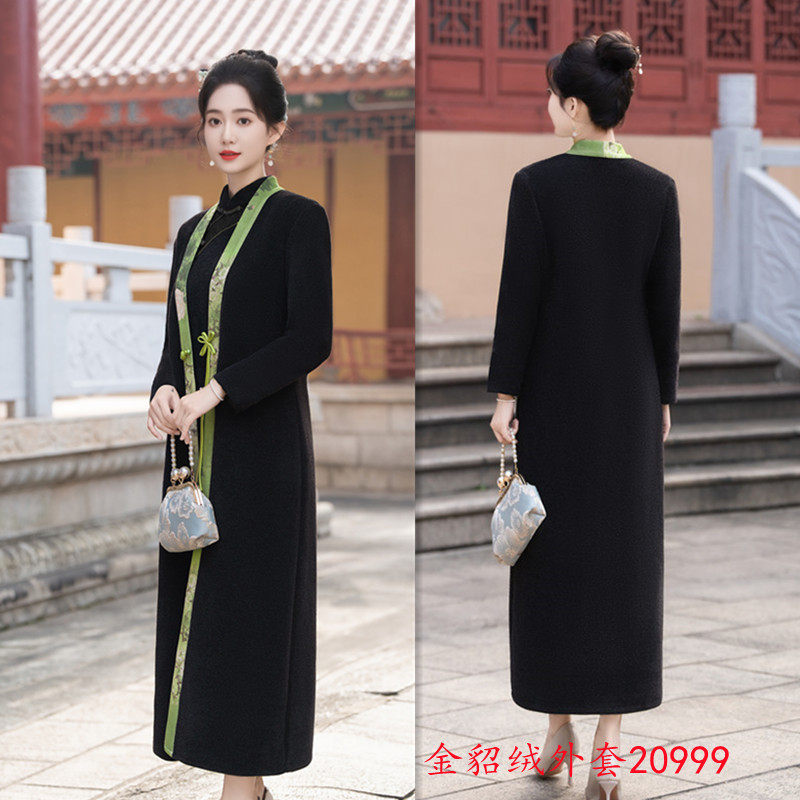 中国风旗袍外套大衣女长款唐装改良秋冬气质复古盘扣禅意茶服外搭