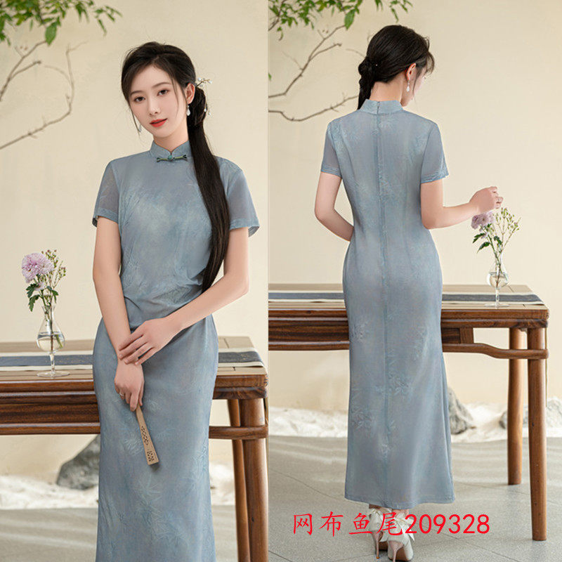 素色改良新中式长款鱼尾旗袍25春夏新款中老年女士日常可穿旗袍