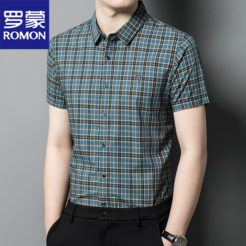 罗蒙夏季格子短袖衬衫亲肤t恤男