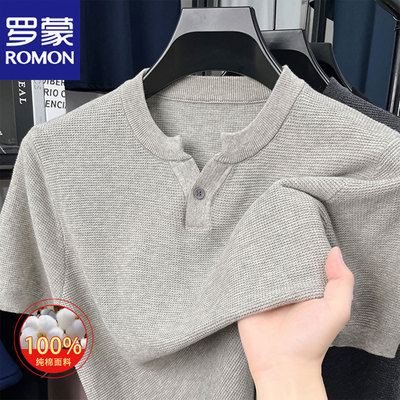 罗蒙夏季菠萝纹针织短袖t恤男士V领纯棉半袖汗衫Polo衫上衣