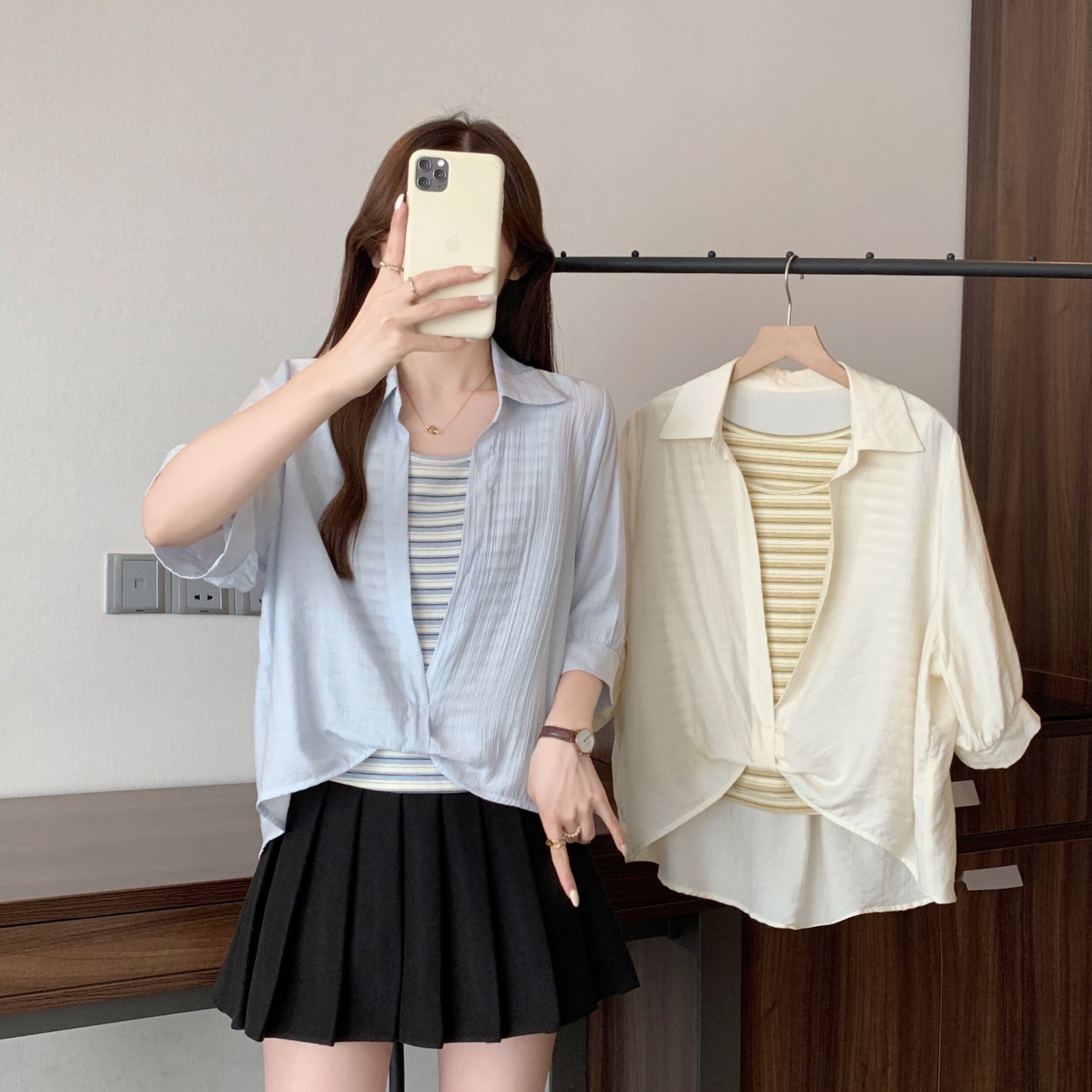 夏装大码辣妈外出哺乳上衣设计感休闲通勤假两件产后喂奶背心衬衫