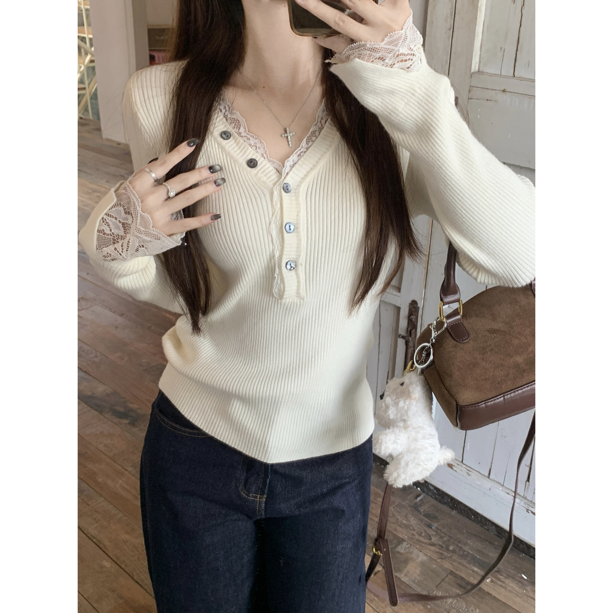 秋冬v领辣妈款外出哺乳针织衫