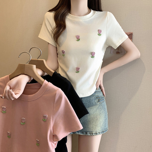 外出哺乳辣妈款甜美短袖T恤大码正肩T恤显瘦设计感产后喂奶上衣夏