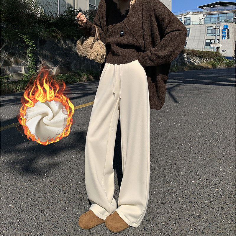 白色辣妈产后外穿羊毛阔腿裤秋冬加绒加厚高腰显瘦垂感窄版直筒裤