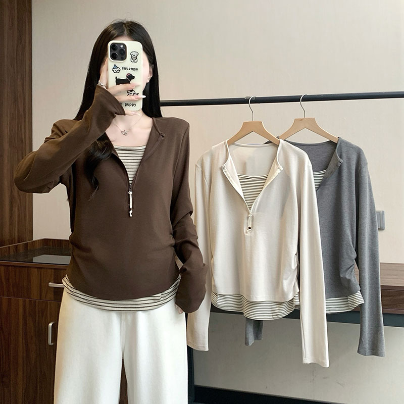 秋装大码半开领哺乳条纹上衣
