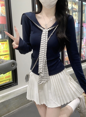 春季韩版辣妈外出哺乳长袖海军领条纹飘带T恤产后喂奶打底衫上衣