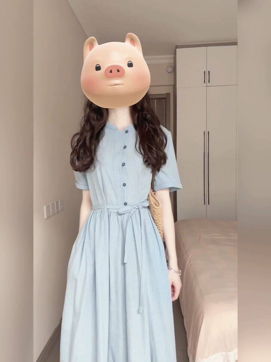 프렌치 블루 플리츠 핫 맘 스타일 아웃 앤 아웃 간호 셔츠 드레스 여름 허리 슬리밍 산후 간호 롱 스커트