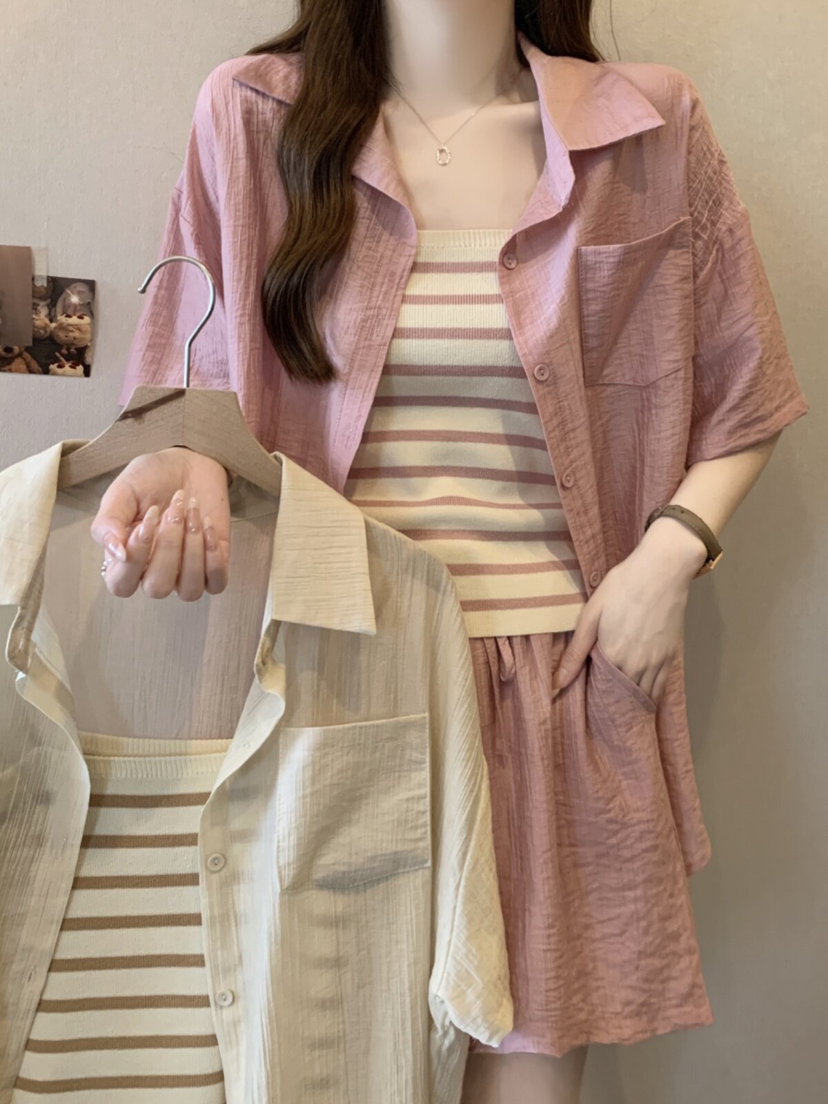 여름 더위 엄마스타일 나들이 수유복 셔츠 상의반바지 밑단 스트라이프 슬링 산후수유 3종세트