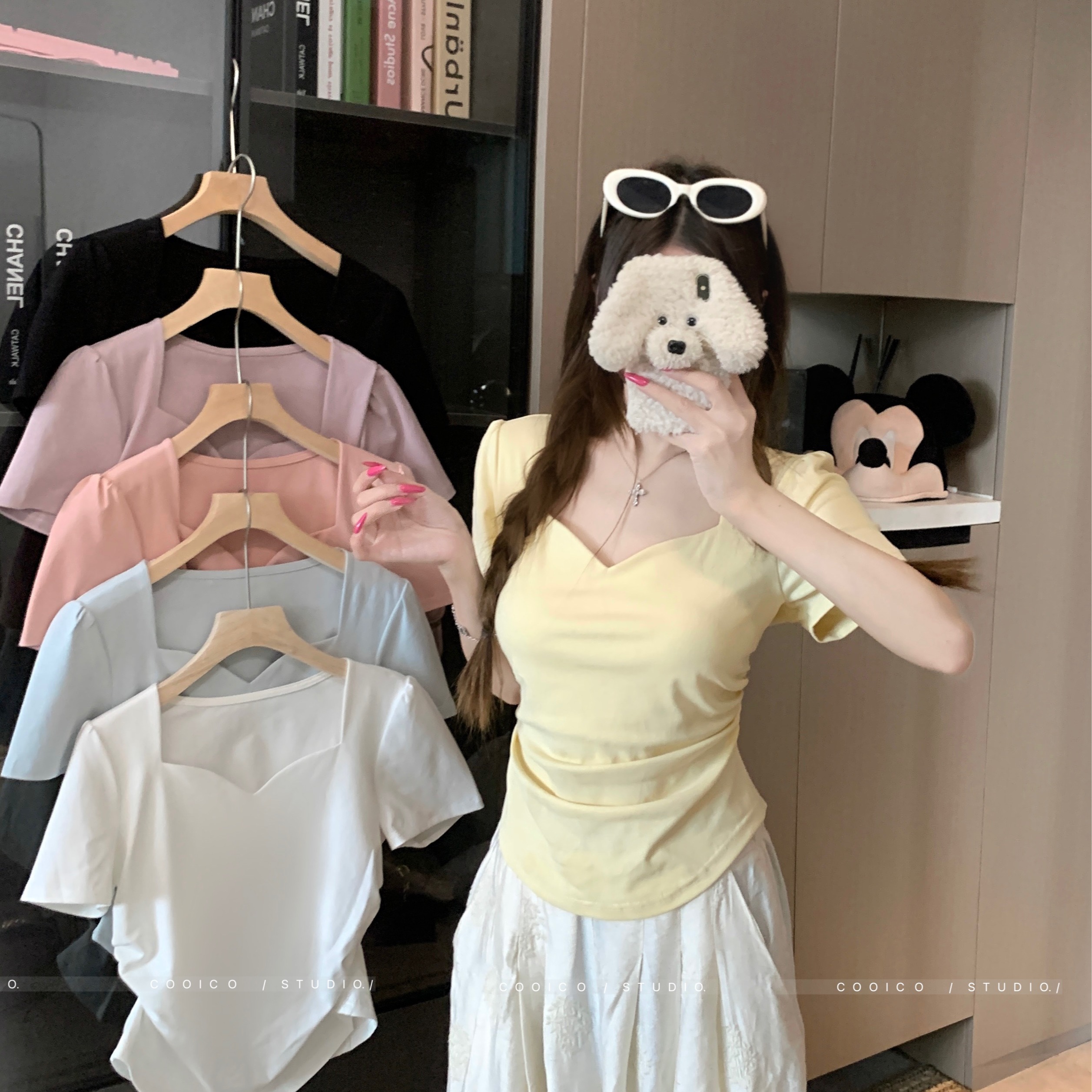 夏季褶皱遮肉显瘦辣妈款外出哺乳短袖桃心领T恤正肩产后喂奶上衣