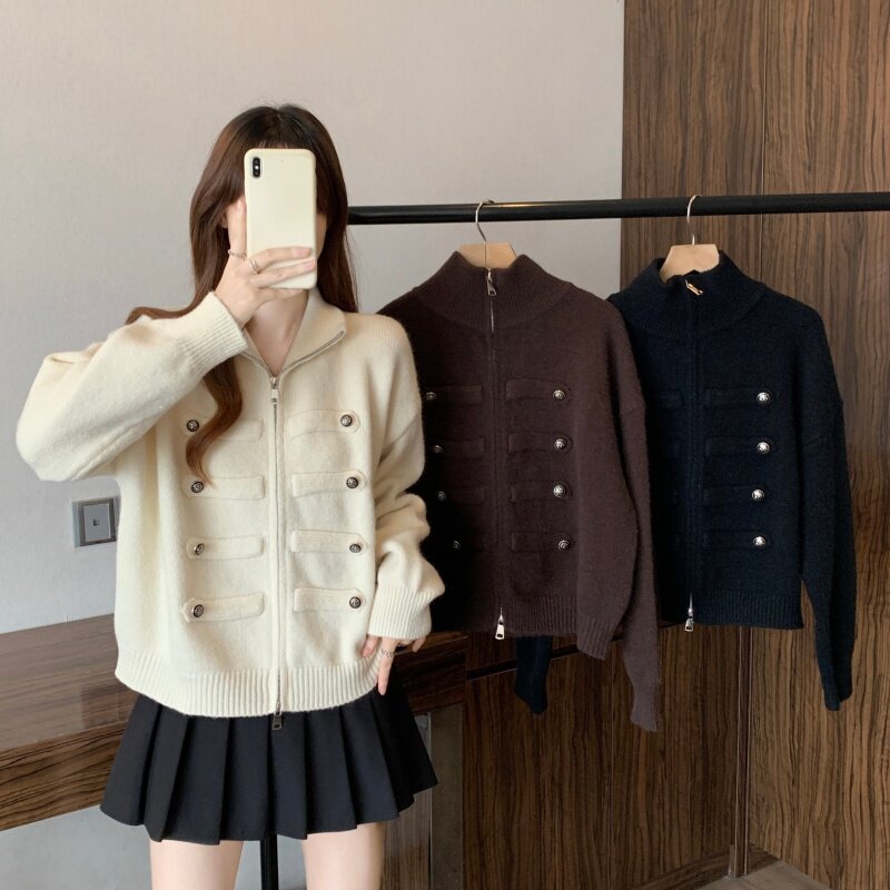 秋冬大码加厚立领哺乳针织开衫